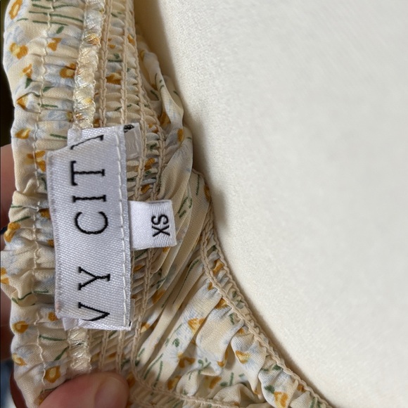 Ivy City Co XS butter yellow and baby blue Floral Smocked Midi Dress Puff Sleeve - Picture 9 of 10